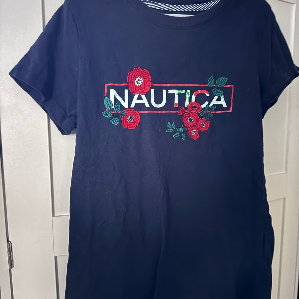 Nautica Navy Blue Short Sleeve Tee with Red Floral Design